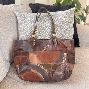 Coach F15459 Brown Leather Suede and Canvas Signature Patchwork Tote Bag